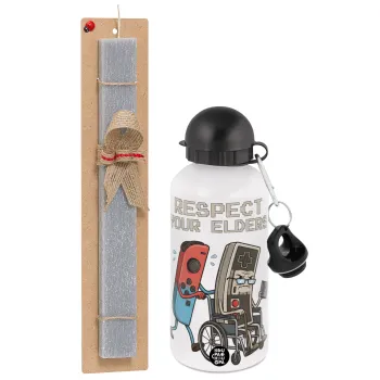 Respect your Elders, Πασχαλινή Λαμπάδα με παγούρι μεταλλικό  αλουμινίου (500ml) & κερί αρωματικό πλακέ (30cm) (ΓΚΡΙ)