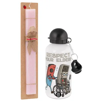 Respect your Elders, Πασχαλινή Λαμπάδα με παγούρι μεταλλικό αλουμινίου (500ml) & κερί αρωματικό πλακέ (30cm) (ΡΟΖ)