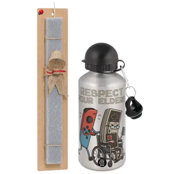 Respect your Elders, Πασχαλινή Λαμπάδα με παγούρι μεταλλικό Ασημένιο αλουμινίου (500ml) & κερί αρωματικό πλακέ (30cm) (ΓΚΡΙ)