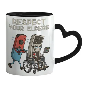 Respect your Elders, Κούπα καρδιά χερούλι μαύρη, κεραμική, 330ml