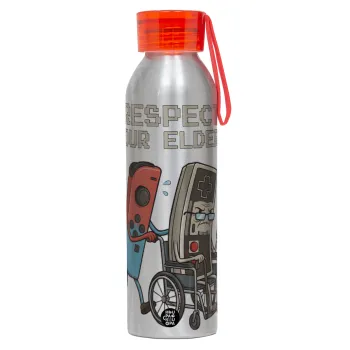Respect your Elders, Αλουμινένιο Αθλητικό Μπουκάλι 650ml – Ασημί με Κόκκινο Καπάκι και Λουράκι Σιλικόνης