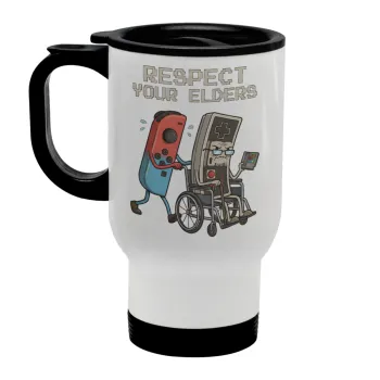 Respect your Elders, Stainless steel travel mug with lid, double wall white 450ml