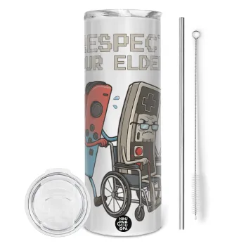 Respect your Elders, Tumbler ποτήρι θερμό από ανοξείδωτο ατσάλι 600ml, με μεταλλικό καλαμάκι & βούρτσα καθαρισμού