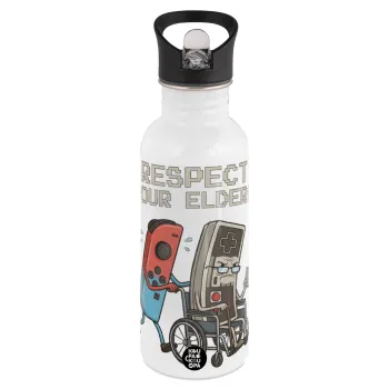 Respect your Elders, White water bottle with straw, stainless steel 600ml