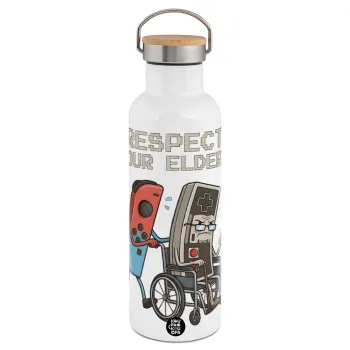 Respect your Elders, Stainless steel White with wooden lid (bamboo), double wall, 750ml