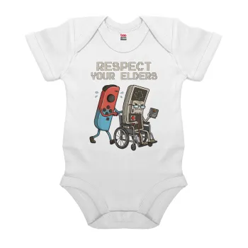 Respect your Elders, Βρεφικό φορμάκι μωρού, 0-24 μηνών, ΛΕΥΚΟ, 100% Organic Cotton, κοντομάνικο