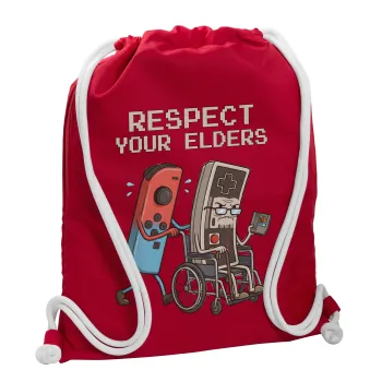 Respect your Elders, Τσάντα πλάτης πουγκί GYMBAG Κόκκινη, με τσέπη (40x48cm) & χονδρά κορδόνια
