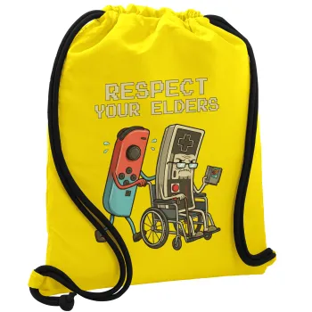 Respect your Elders, Τσάντα πλάτης πουγκί GYMBAG Κίτρινη, με τσέπη (40x48cm) & χονδρά κορδόνια