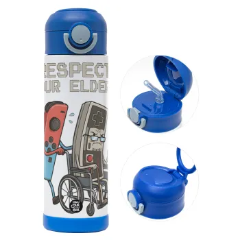 Respect your Elders, Παιδικό παγούρι θερμό, ανοξείδωτο, με καλαμάκι ασφαλείας, ΜΠΛΕ (500ml)