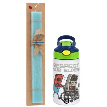 Respect your Elders, Easter Set, Children's thermal stainless steel bottle with safety straw, green/blue (350ml) & aromatic flat Easter candle (30cm) (TURQUOISE)