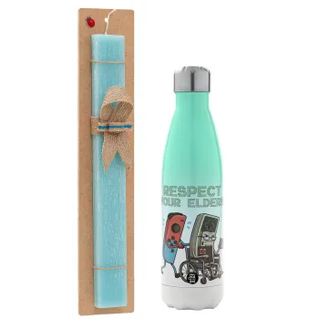 Respect your Elders, Easter Set, Metallic green/white thermos (Stainless steel), double-walled, 500ml & scented flat Easter candle (30cm) (TURQUOISE)