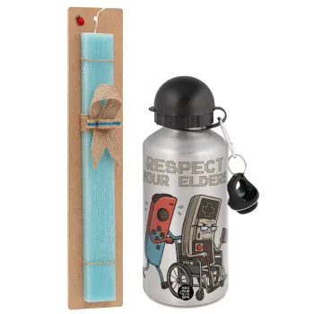 Respect your Elders, Πασχαλινή Λαμπάδα με παγούρι μεταλλικό Ασημένιο αλουμινίου (500ml) & κερί αρωματικό πλακέ (30cm) (ΤΙΡΚΟΥΑΖ)