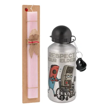 Respect your Elders, Easter Set, metallic Silver aluminum water bottle (500ml) & scented flat Easter candle (30cm) (PINK)