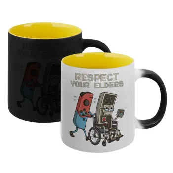 Respect your Elders, Κούπα Μαγική εσωτερικό κίτρινη, κεραμική 330ml που αλλάζει χρώμα με το ζεστό ρόφημα