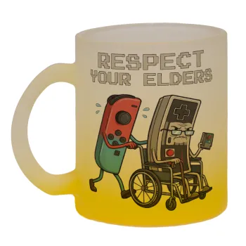 Respect your Elders, Κούπα γυάλινη δίχρωμη με βάση το κίτρινο ματ, 330ml