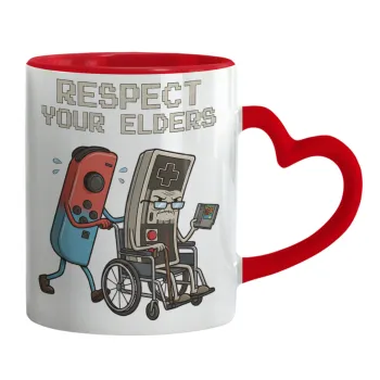 Respect your Elders, Mug heart red handle, ceramic, 330ml