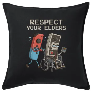 Respect your Elders, Μαξιλάρι καναπέ Μαύρο 100% βαμβάκι, περιέχεται το γέμισμα (50x50cm)