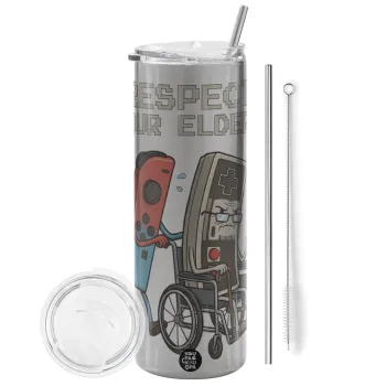 Respect your Elders, Tumbler stainless steel Silver 600ml, with metal straw & cleaning brush
