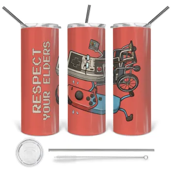 Respect your Elders, Tumbler ποτήρι θερμό από ανοξείδωτο ατσάλι 600ml, με μεταλλικό καλαμάκι & βούρτσα καθαρισμού