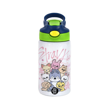 Stray Kids Pink, Children's hot water bottle, stainless steel, with safety straw, green, blue (350ml)