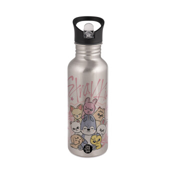 Stray Kids Pink, Παγούρι νερού Ασημένιο με καλαμάκι, ανοξείδωτο ατσάλι 600ml