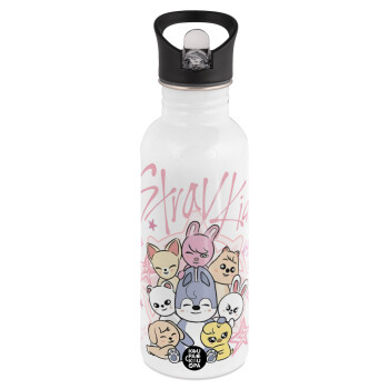 Stray Kids Pink, White water bottle with straw, stainless steel 600ml