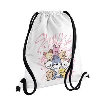 Stray Kids Pink, Τσάντα πλάτης πουγκί GYMBAG λευκή, με τσέπη (40x48cm) & χονδρά κορδόνια
