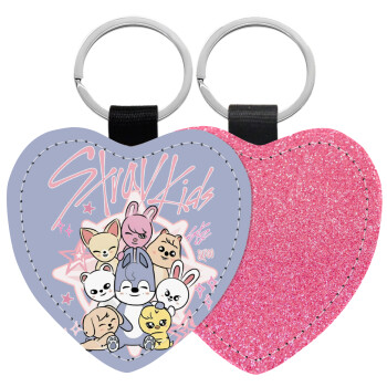 Stray Kids Pink, Μπρελόκ PU δερμάτινο glitter καρδιά ΡΟΖ