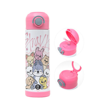 Stray Kids Pink, Children's hot water bottle, stainless steel, with safety straw, PINK (500ml)