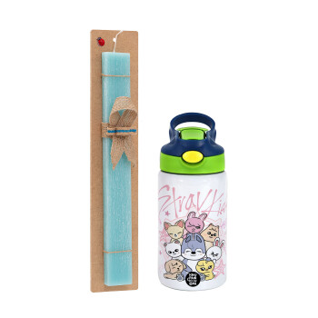 Stray Kids Pink, Πασχαλινή Λαμπάδα με Παιδικό παγούρι θερμό, ανοξείδωτο, με καλαμάκι ασφαλείας, πράσινο/μπλε (350ml) & κερί αρωματικό πλακέ (30cm) (ΤΙΡΚΟΥΑΖ)