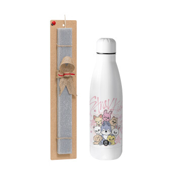 Stray Kids Pink, Easter Set, metallic stainless thermos bottle (500ml) & scented flat Easter candle (30cm) (GRAY)