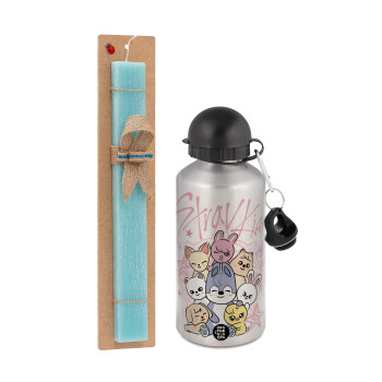 Stray Kids Pink, Easter Set, metallic silver aluminum water bottle (500ml) & scented flat Easter candle (30cm) (TURQUOISE)