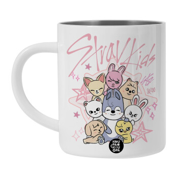 Stray Kids Pink, Λευκή Ανοξείδωτη Μεταλλική Κούπα 450ml - Διπλού Τοιχώματος 