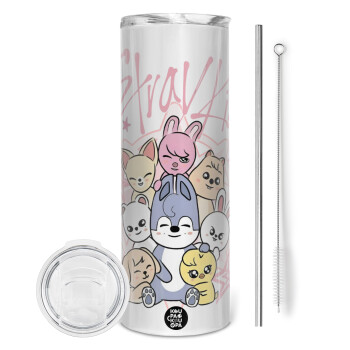 Stray Kids Pink, Tumbler ποτήρι θερμό από ανοξείδωτο ατσάλι 600ml, με μεταλλικό καλαμάκι & βούρτσα καθαρισμού