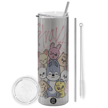 Stray Kids Pink, Tumbler ποτήρι θερμό Ασημένιο από ανοξείδωτο ατσάλι 600ml, με μεταλλικό καλαμάκι & βούρτσα καθαρισμού