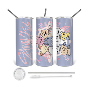 Stray Kids Pink, Tumbler ποτήρι θερμό από ανοξείδωτο ατσάλι 600ml, με μεταλλικό καλαμάκι & βούρτσα καθαρισμού