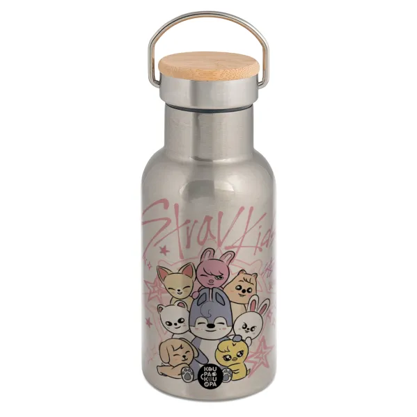 Stray Kids Pink — Stainless steel metallic thermos flask, silver with a bamboo lid, double-walled, 350ml.