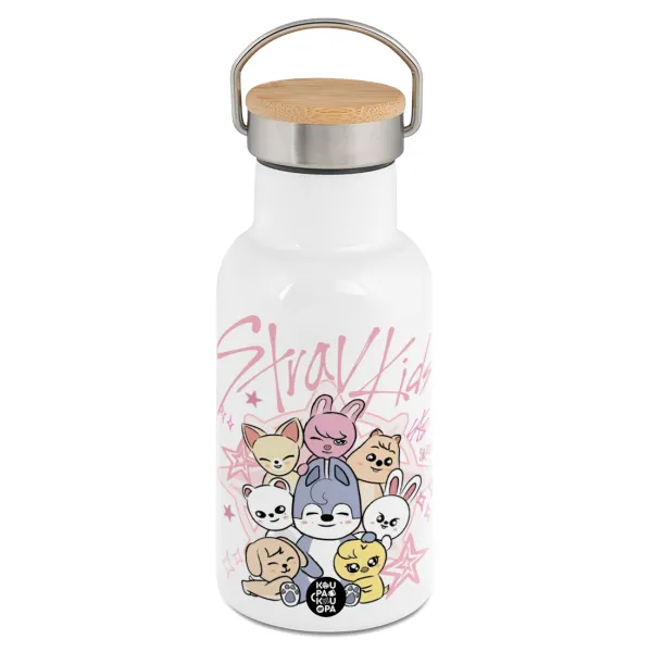 Stray Kids Pink — Metallic thermos (Stainless steel) White with wooden lid (bamboo), double-walled, 350ml
