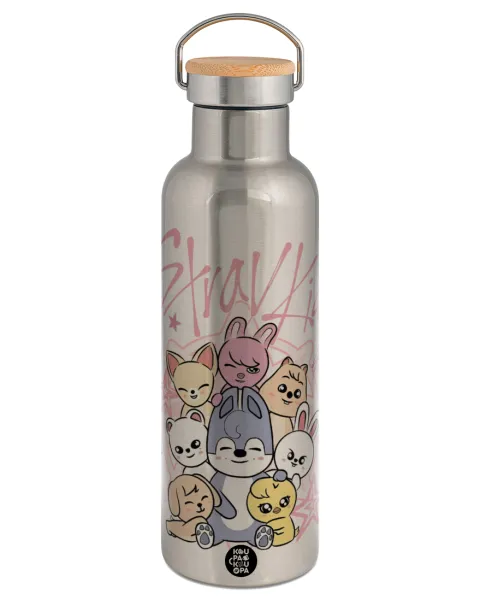 Stray Kids Pink — Stainless steel Silver with wooden lid (bamboo), double wall, 750ml