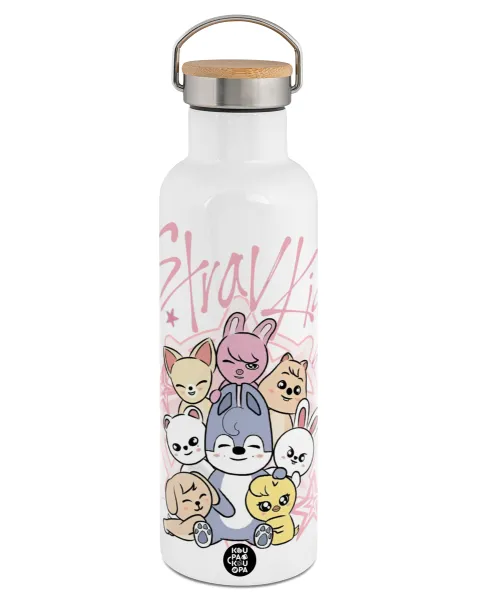 Stray Kids Pink — Stainless steel White with wooden lid (bamboo), double wall, 750ml