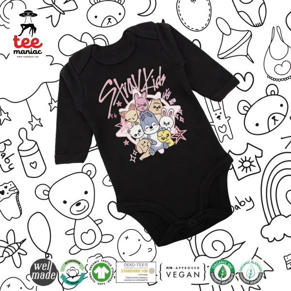 Stray Kids Pink — Μακρυμάνικο βρεφικό φορμάκι, 0-18 μηνών, ΜΑΥΡΟ, 100% Organic Cotton