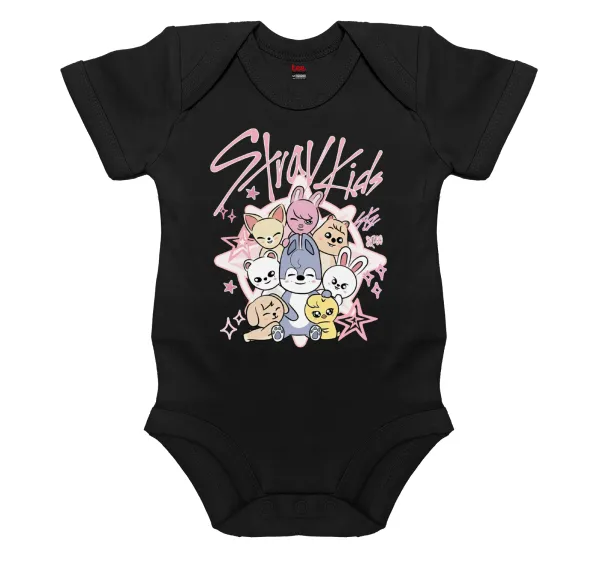 Stray Kids Pink — Βρεφικό φορμάκι μωρού, 0-18 μηνών, ΜΑΥΡΟ, 100% Organic Cotton, κοντομάνικο
