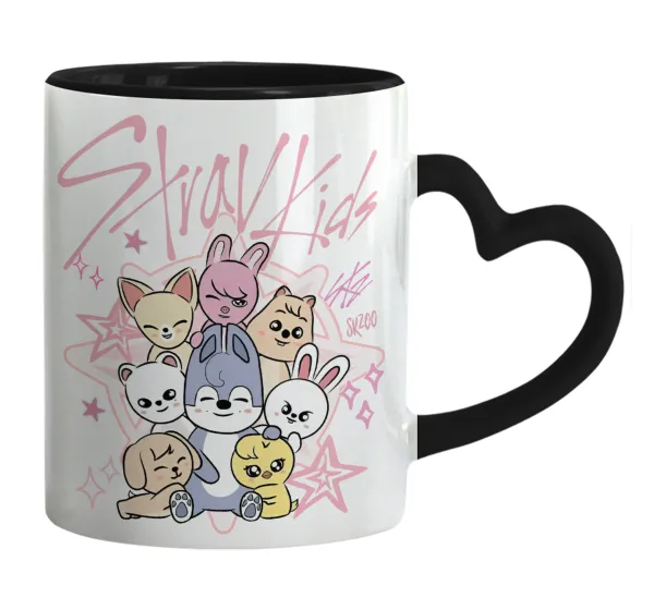 Stray Kids Pink — Κούπα καρδιά χερούλι μαύρη, κεραμική, 330ml