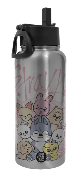Stray Kids Pink — Metal mug thermo Silver with Straw and Spout Lid (Stainless steel), double wall, 950ml