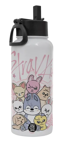 Stray Kids Pink — Μεταλλικό παγούρι θερμός Λευκό με καλαμάκι και χερούλι (Stainless steel), διπλού τοιχώματος, 950ml