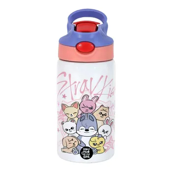 Stray Kids Pink, Παιδικό παγούρι θερμό, ανοξείδωτο, με καλαμάκι ασφαλείας, ροζ/μωβ (350ml)
