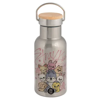 Stray Kids Pink, Μεταλλικό παγούρι θερμός (Stainless steel) Ασημένιο με ξύλινο καπακι (bamboo), διπλού τοιχώματος, 350ml