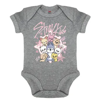 Stray Kids Pink, Βρεφικό φορμάκι μωρού, 0-18 μηνών, ΓΚΡΙ ΜΕΛΑΝΖΕ, 100% Organic Cotton, κοντομάνικο