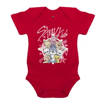 Stray Kids Pink, Βρεφικό φορμάκι μωρού, ΚΟΚΚΙΝΟ, 100% Organic Cotton, κοντομάνικο