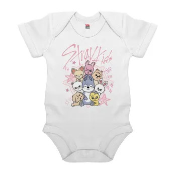 Stray Kids Pink, Βρεφικό φορμάκι μωρού, 0-24 μηνών, ΛΕΥΚΟ, 100% Organic Cotton, κοντομάνικο